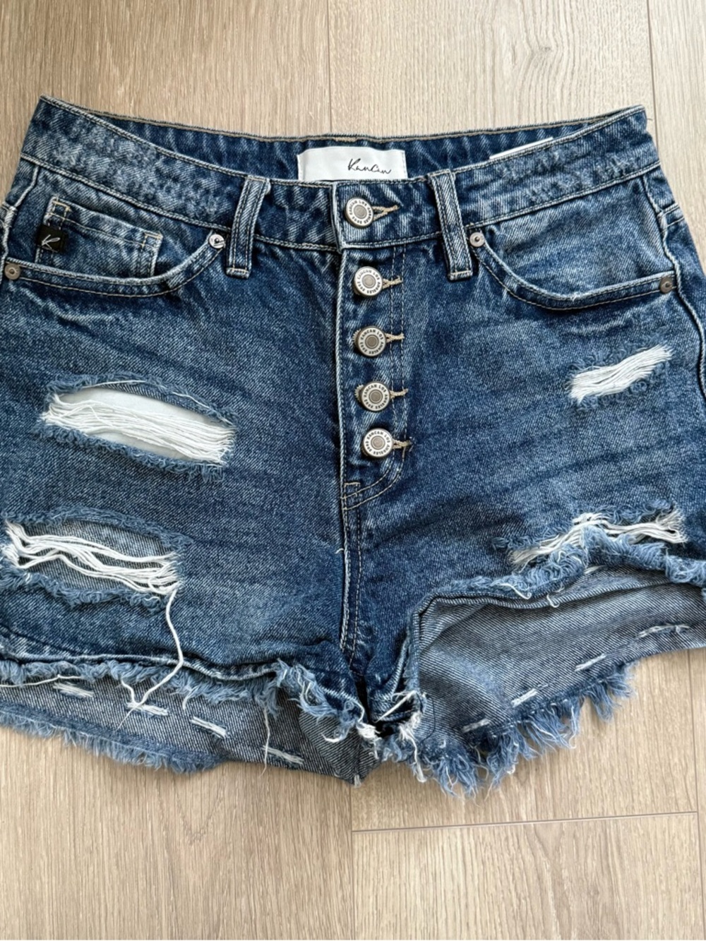 KanCan Medium Blue Distressed High-Rise Button-Fly Jean Shorts
